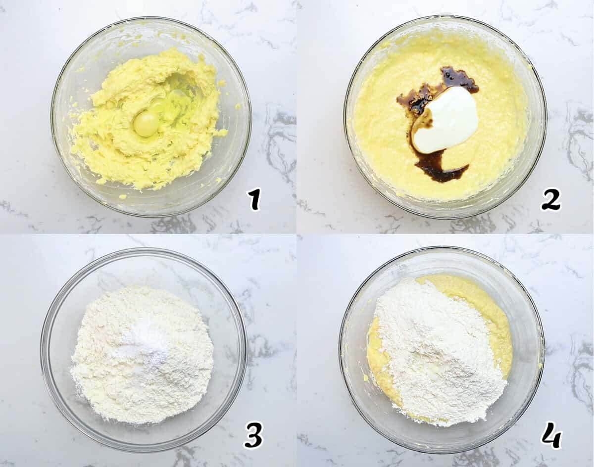 Whisk the butter and sugar, add the eggs, mix in the dry ingredients, and gently mix everything together.