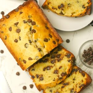 Slicing up a chocolate chip pound cake for an insanely comforting afternoon snack