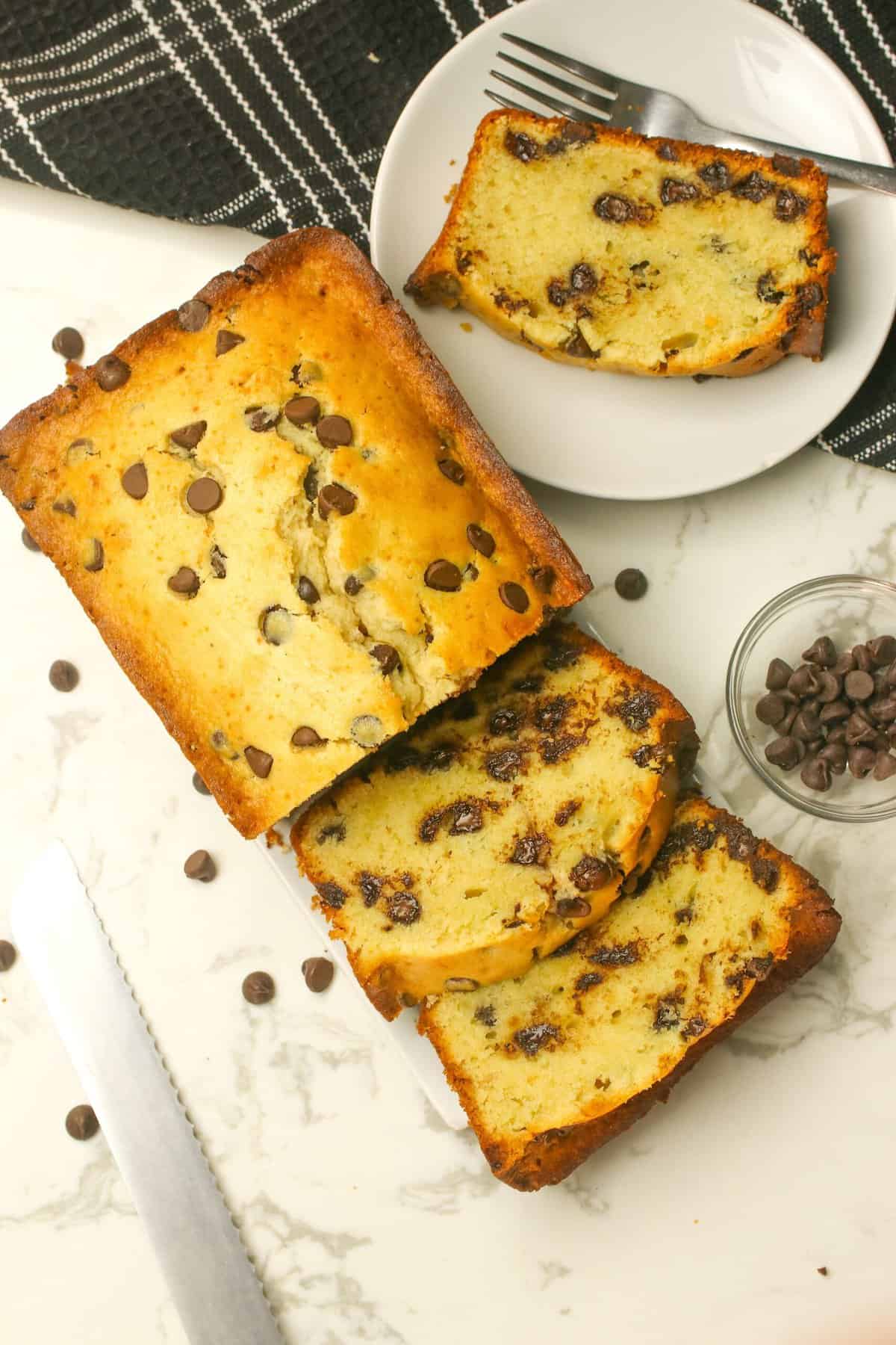 Slicing up a chocolate chip pound cake for an insanely comforting afternoon snack