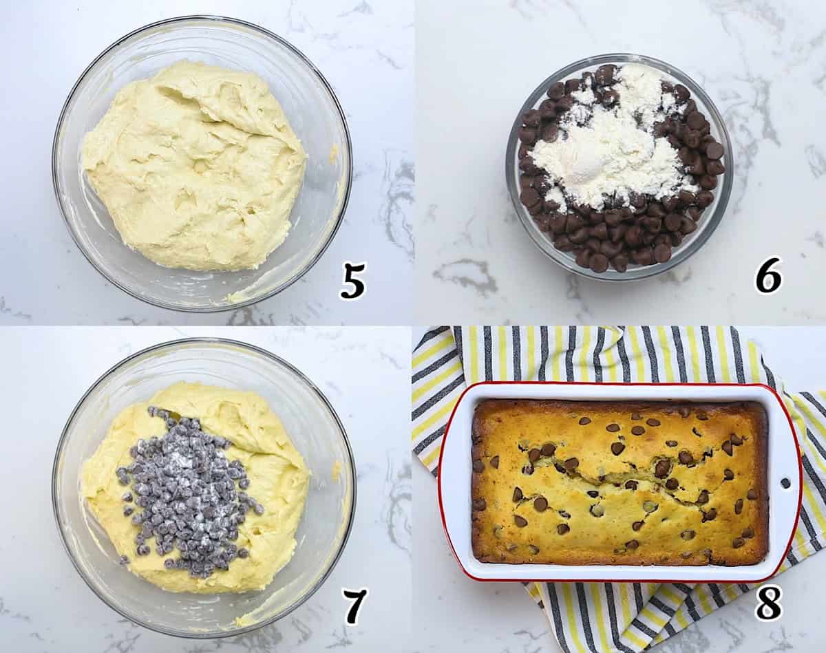 Coat the chocolate chips in flour and fold into the batter, bake, and enjoy