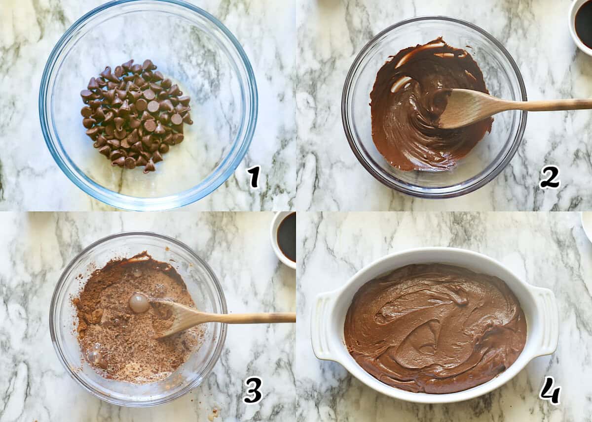 Melt the chocolate, mix the ingredients, and pour the batter into the baking pan