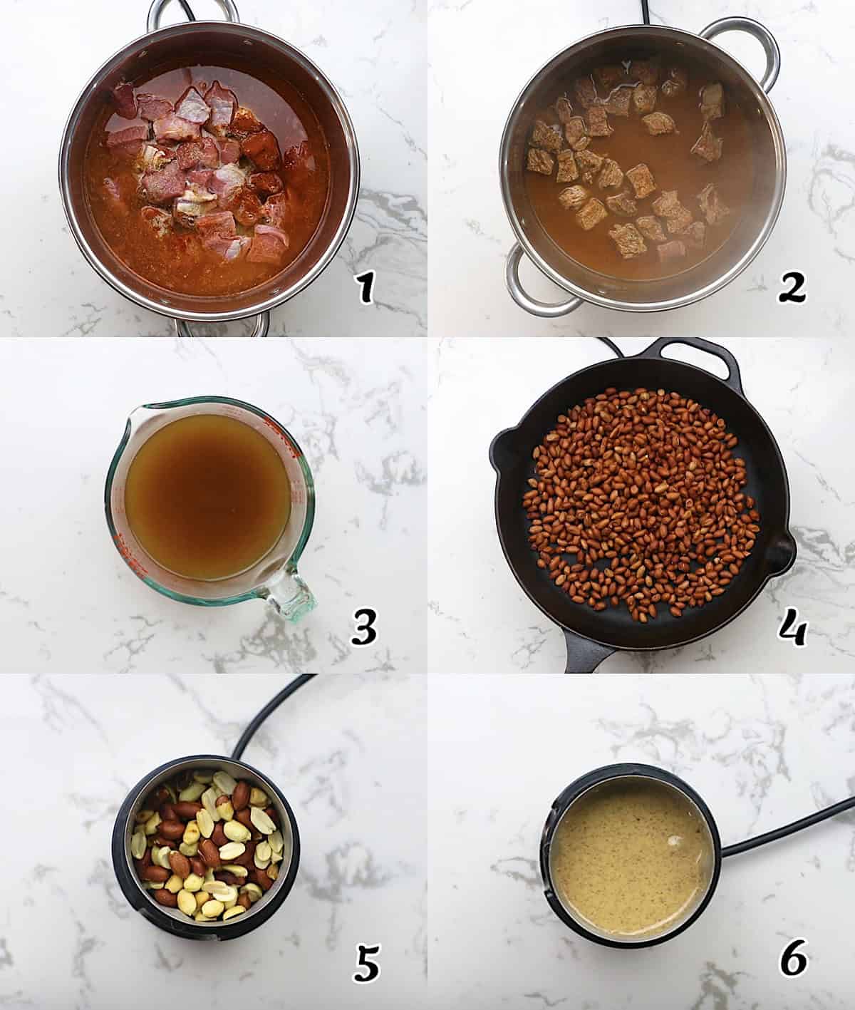 Cook the beef and make the broth, then roast and grind the peanuts