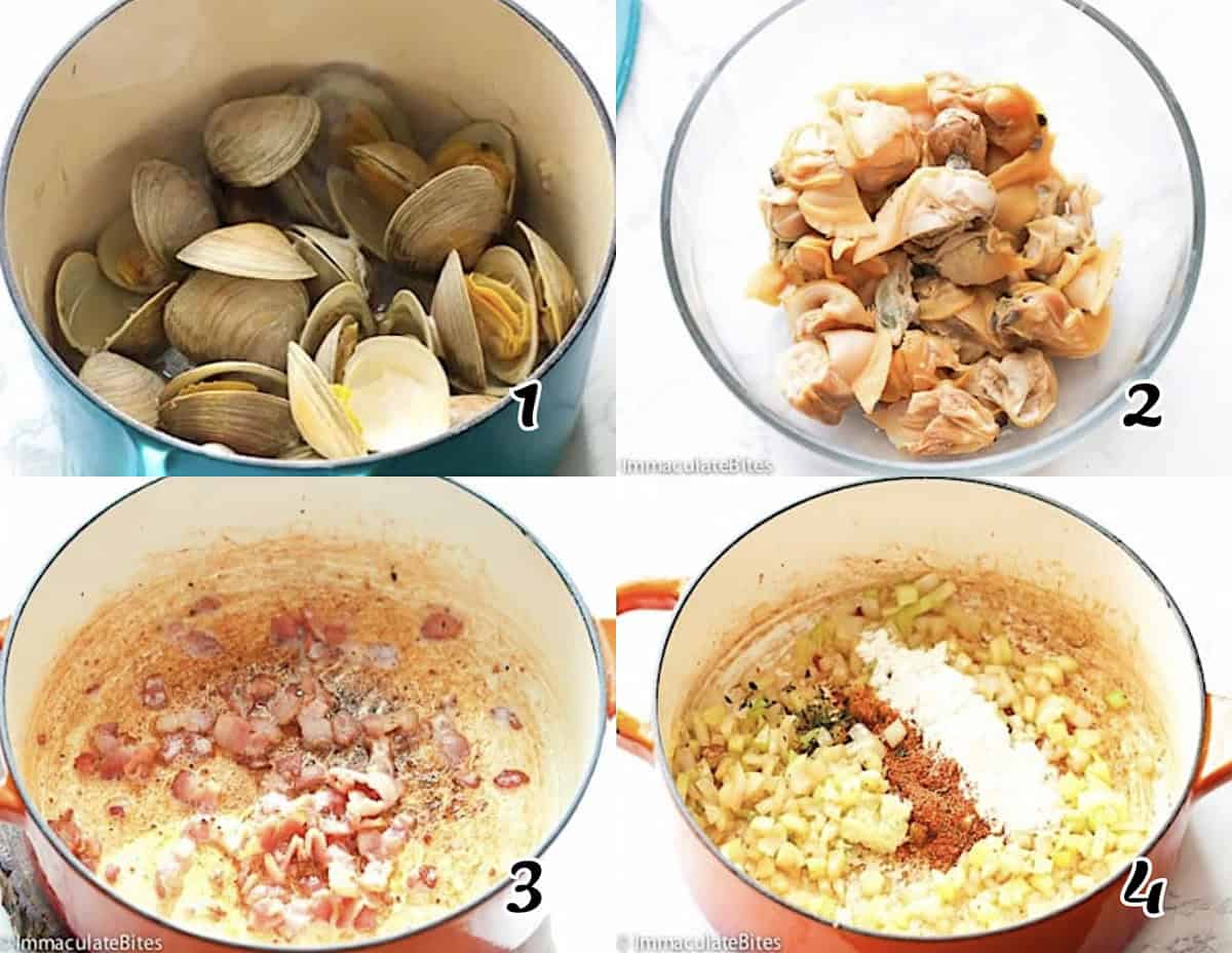 Steam the seafood, remove the meat from the shells and saute the veggies