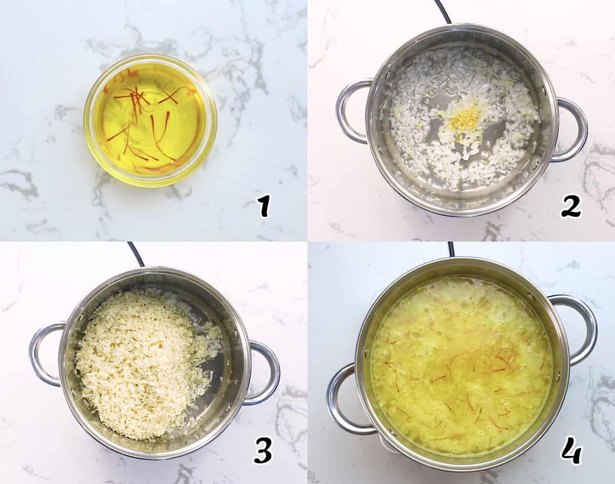 Soak the saffron, saute aromatics, add rice and liquids, and simmer