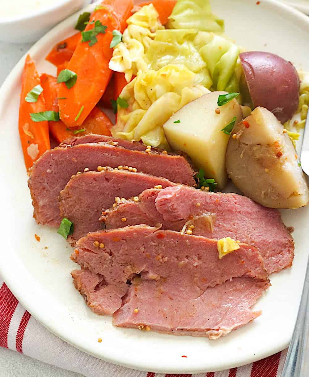 Corned beef and cabbage with potatoes and carrots for a classic St. Patrick's Day