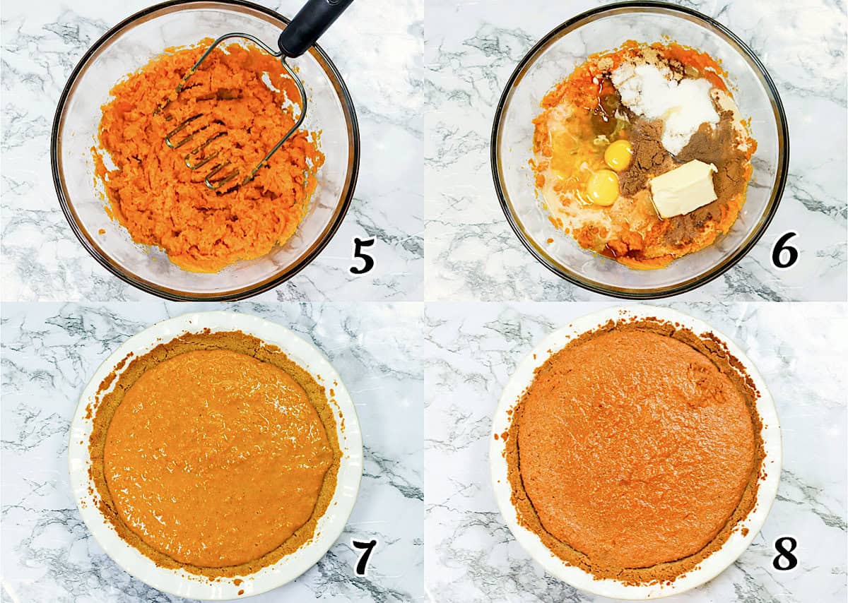 Puree the sweet potatoes and mix all the filling ingredients, pour in the pie shell, and bake