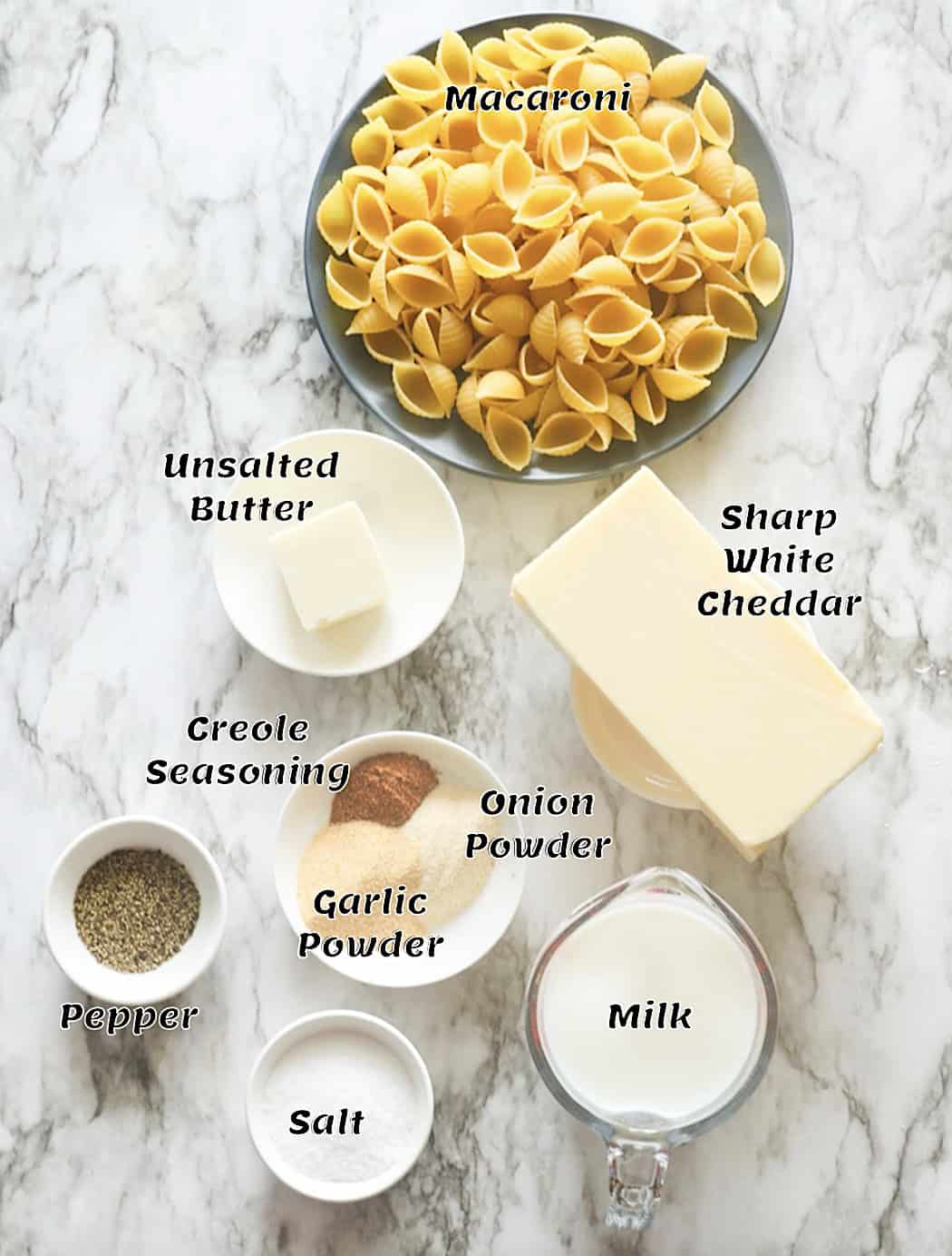 Ingredients for white cheddar mac and cheese