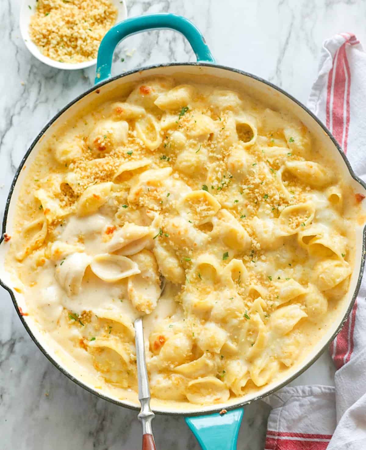 White cheddar mac and cheese with breadcrumb topping fresh from the oven