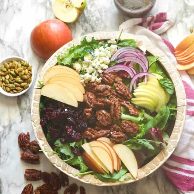 Getting ready to dress a perfectly balanced apple pecan salad