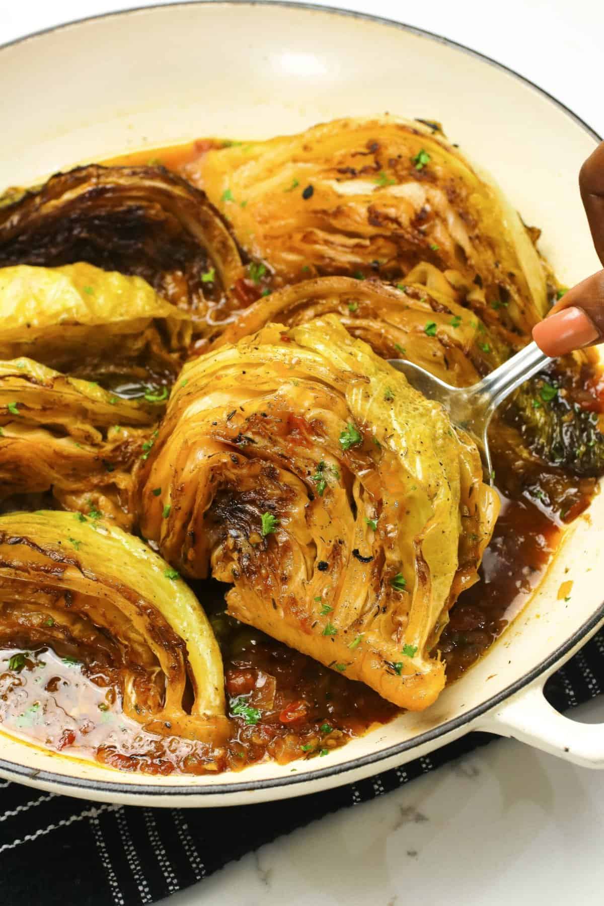 Serving up steaming hot braised cabbage wedges for pure Southern comfort