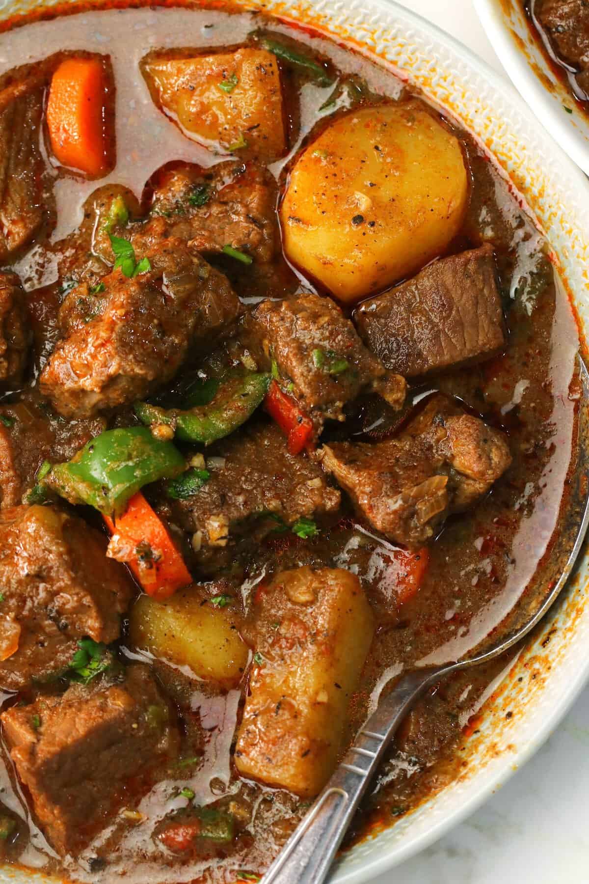 Diving into a steaming bowl of brown beef stew