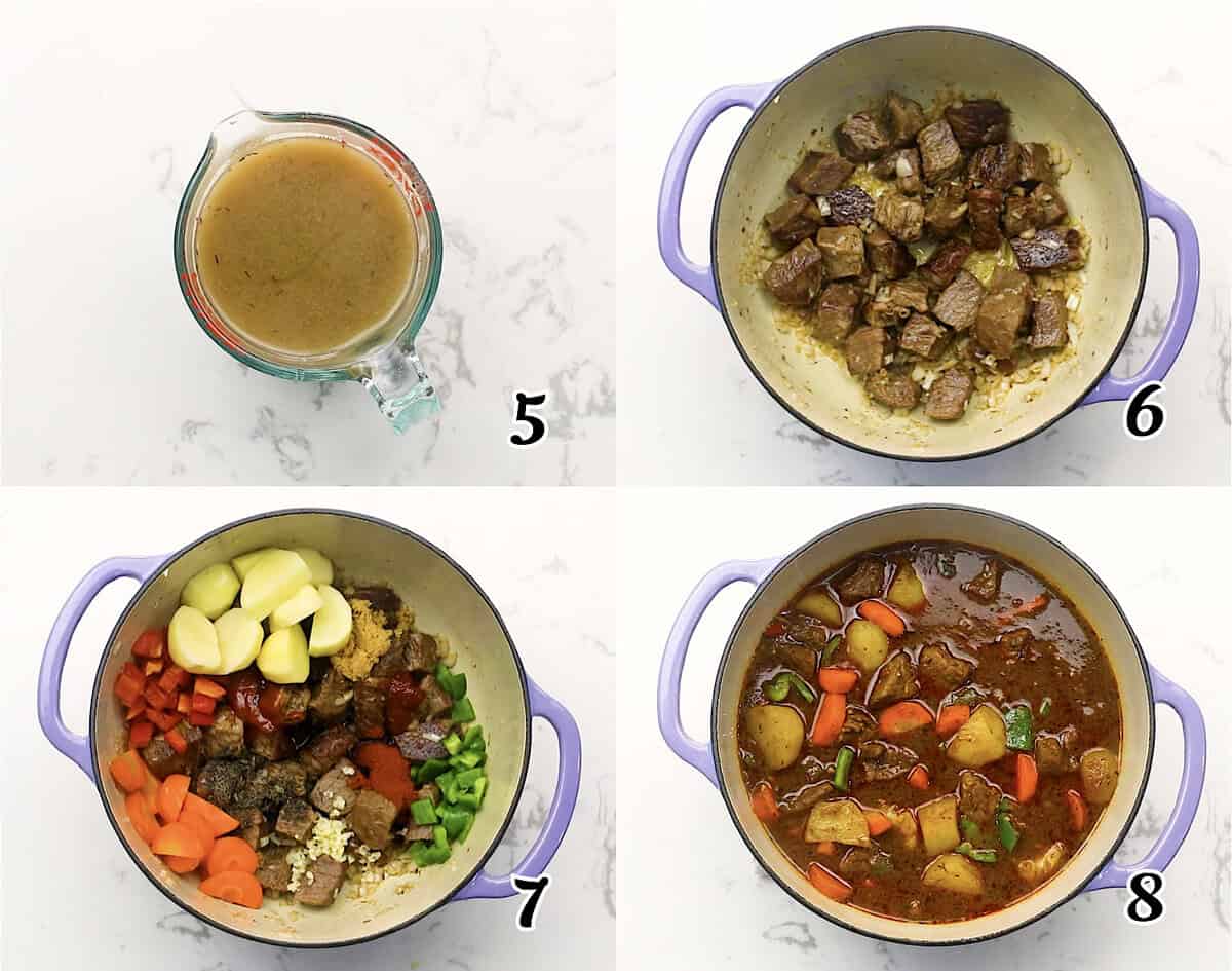 Simmer meat and vegetables in reserved broth and enjoy