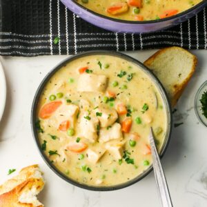 Serving up a super easy comfort food bowl of chicken pot pie soup