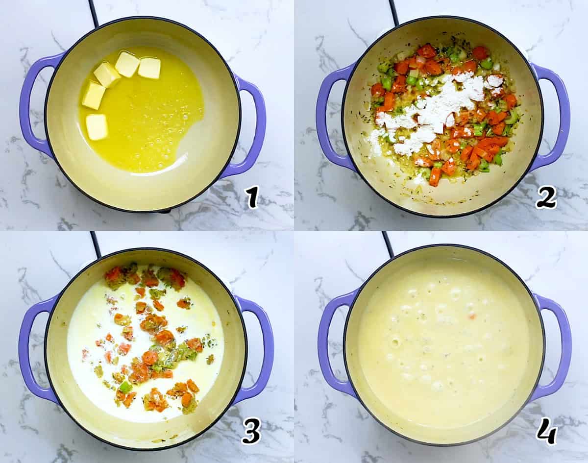 Saute veggies, make the roux, and assemble your ingredients