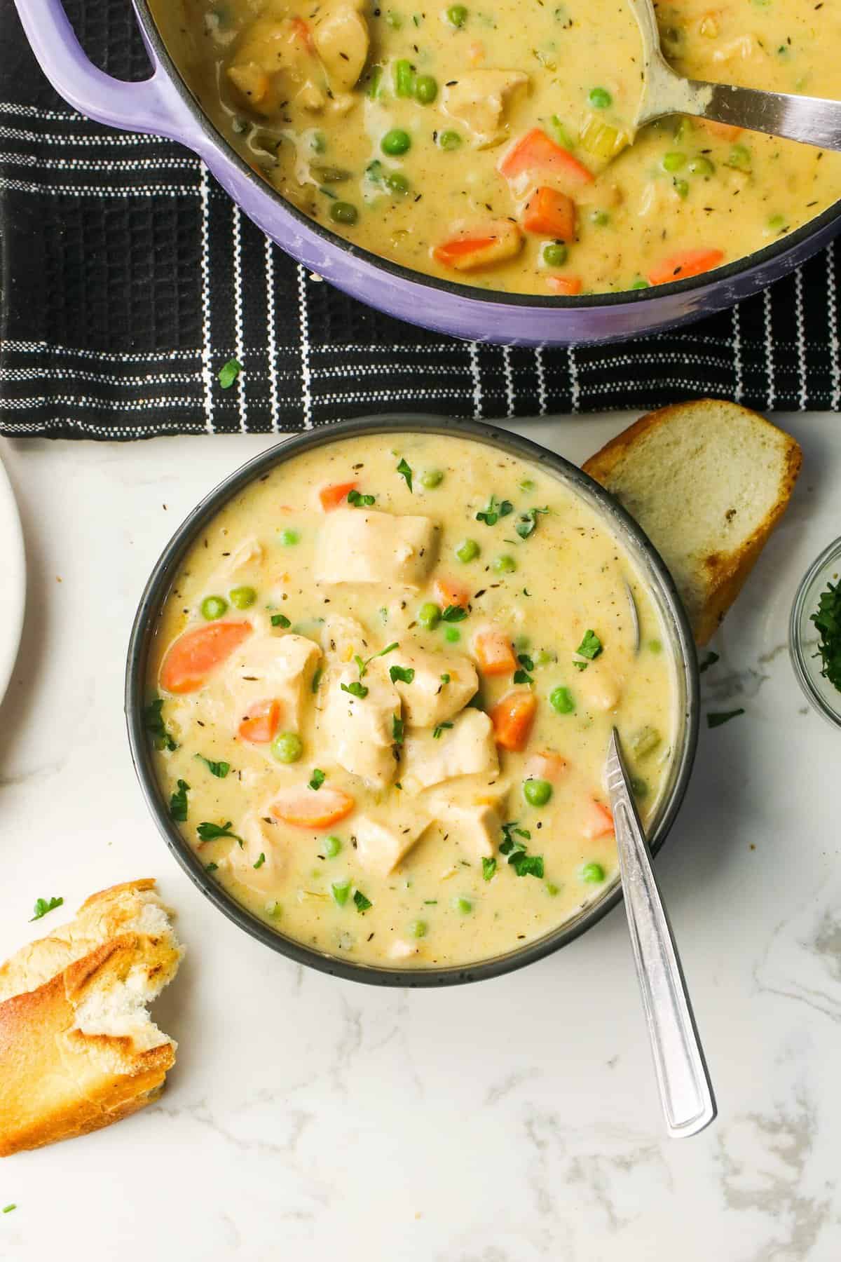 Serving up a super easy comfort food bowl of chicken pot pie soup