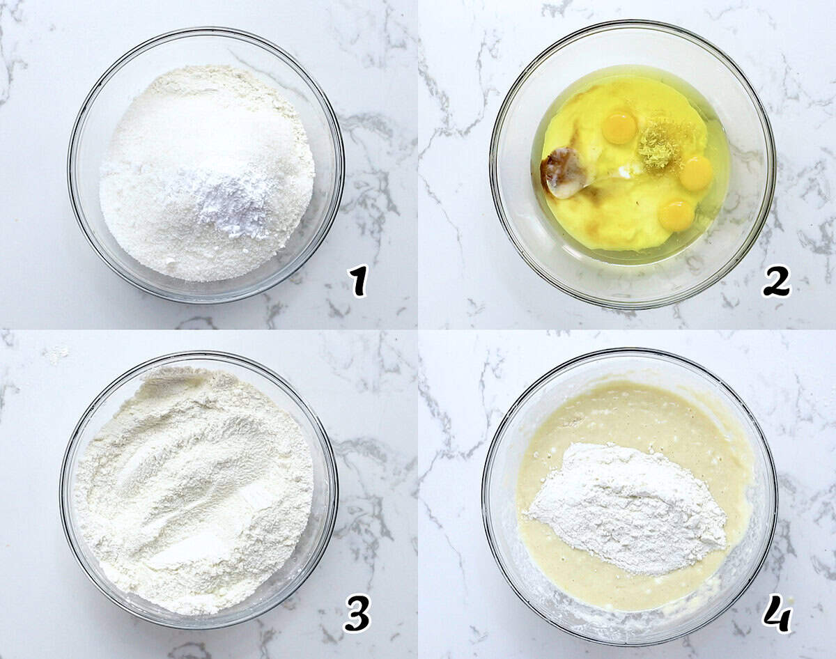 Mix the dry ingredients, then the wet ingredients and combine both