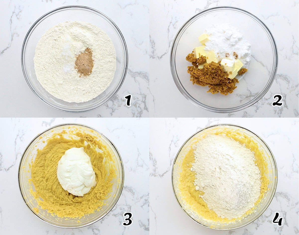 Mix the dry ingredients, cream the butter and sugar, add the buttermilk and vanilla, mix dry and wet ingredients