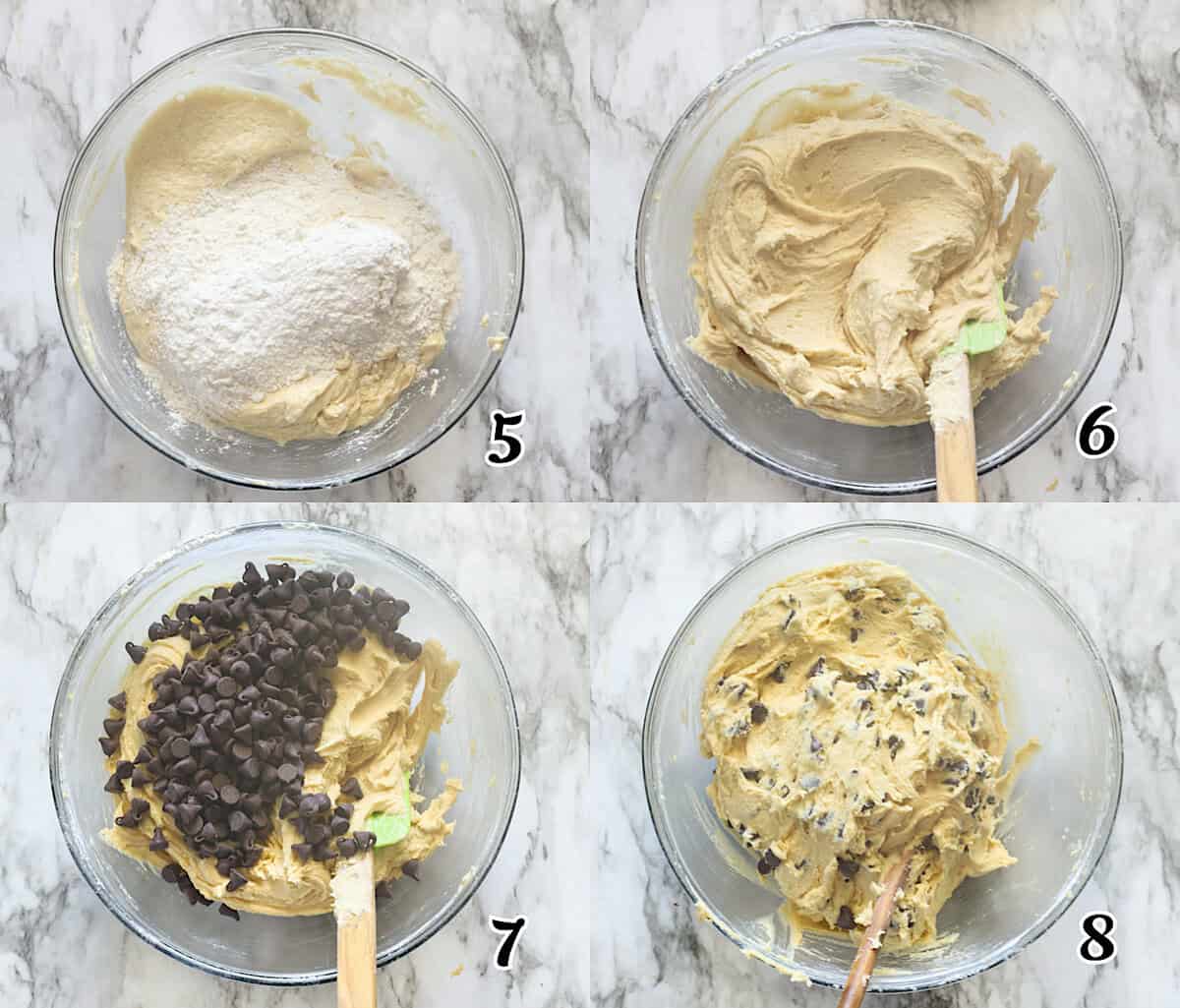 Mix the wet and dry ingredients, and fold in the chocolate chips