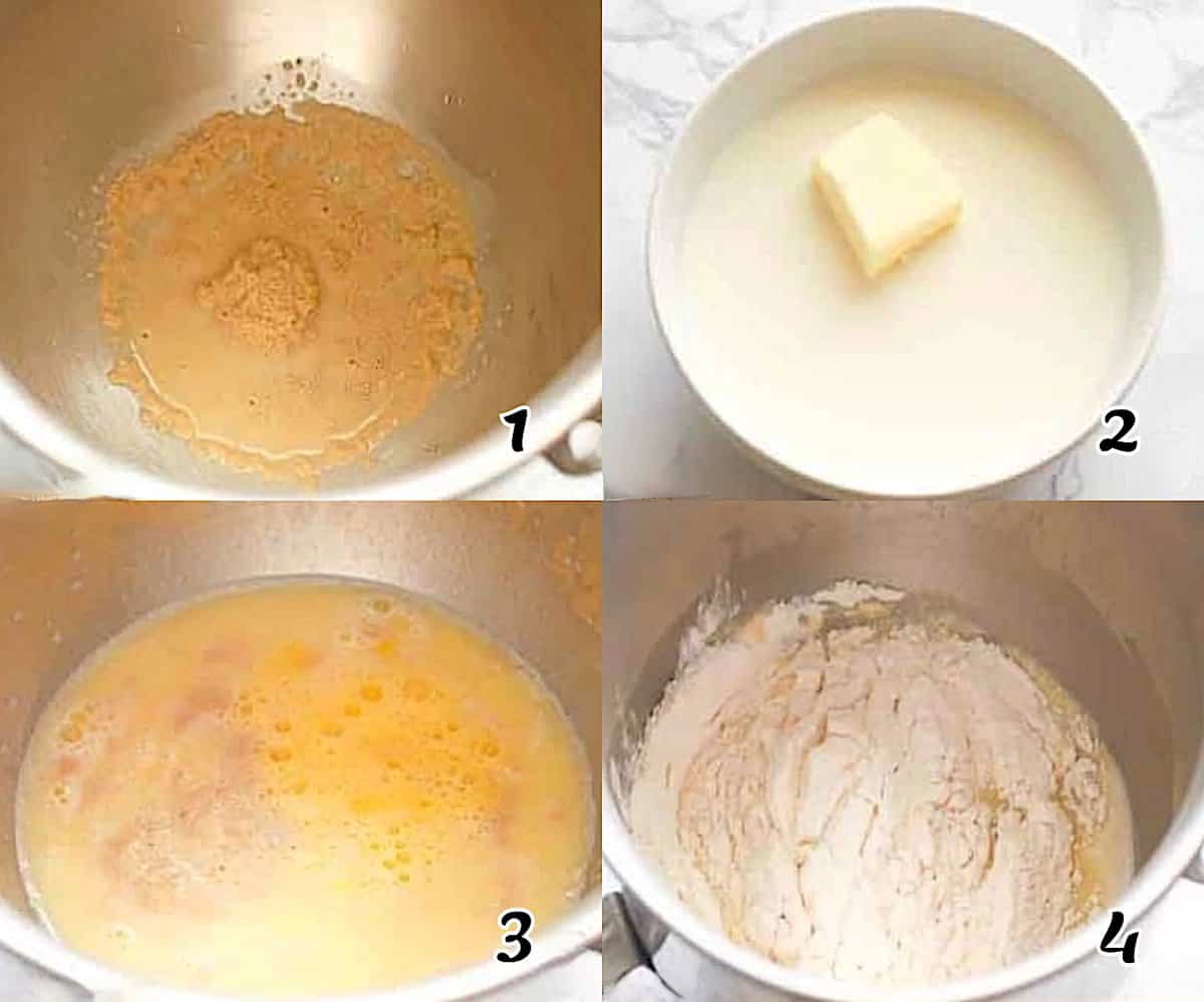 Activate yeast, melt butter and warm milk, mix all ingredients