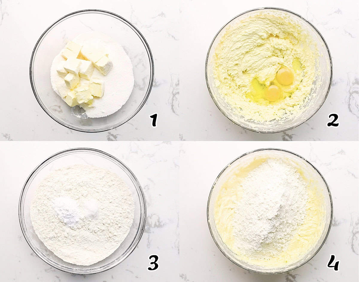 Cream butter, add eggs, combine with dry ingredients