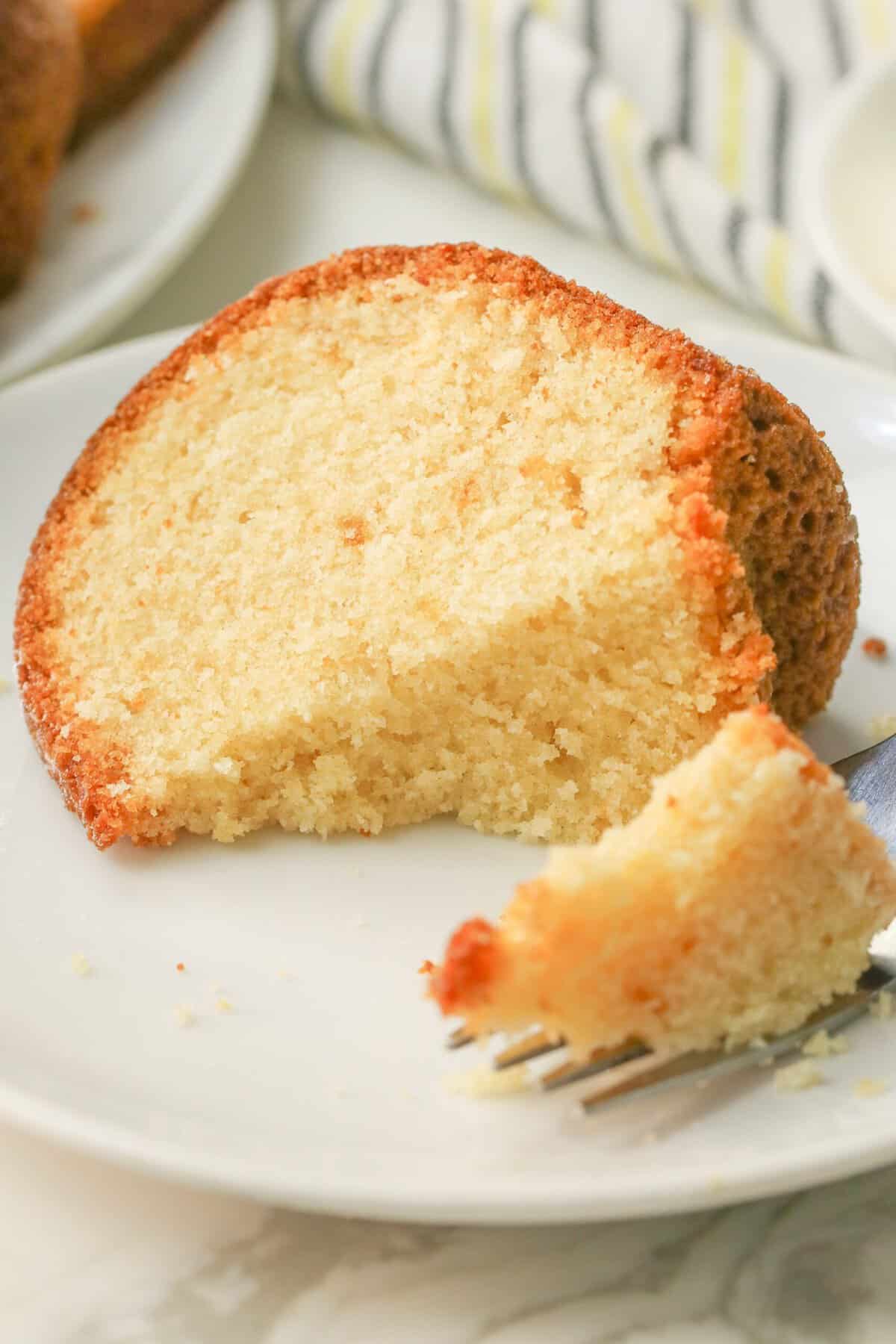 Taking a huge bite of tempting pound cake baked without preheating the oven