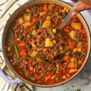 Serving up an easy comfort food meal of hamburger vegetable soup