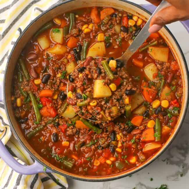 Serving up an easy comfort food meal of hamburger vegetable soup