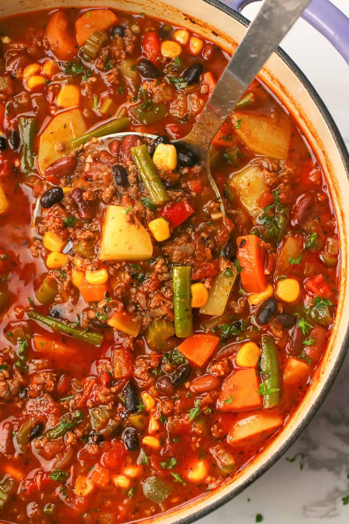 Steaming hot hamburger vegetable soup ready to enjoy