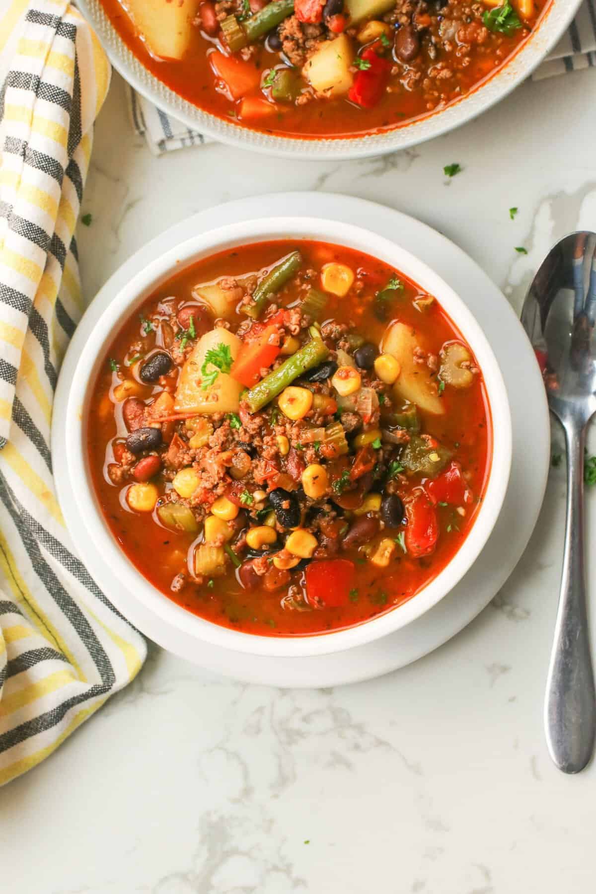 A hearty bowl of soul-satisfying vegetable soup with hamburger