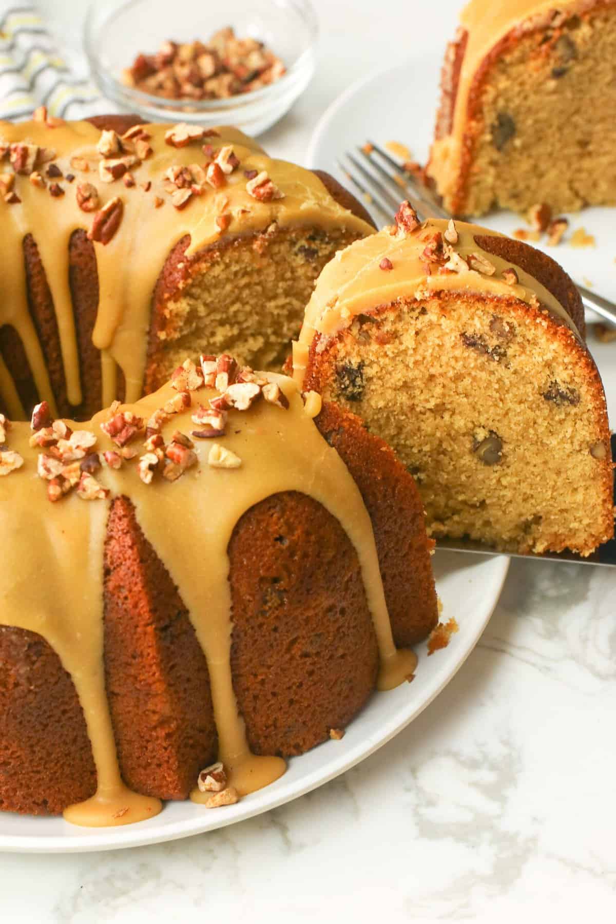 Serving up a decadent slice of brown sugar caramel pound cake