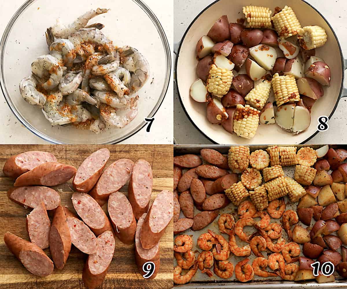 Season, assemble and bake shrimp and potatoes