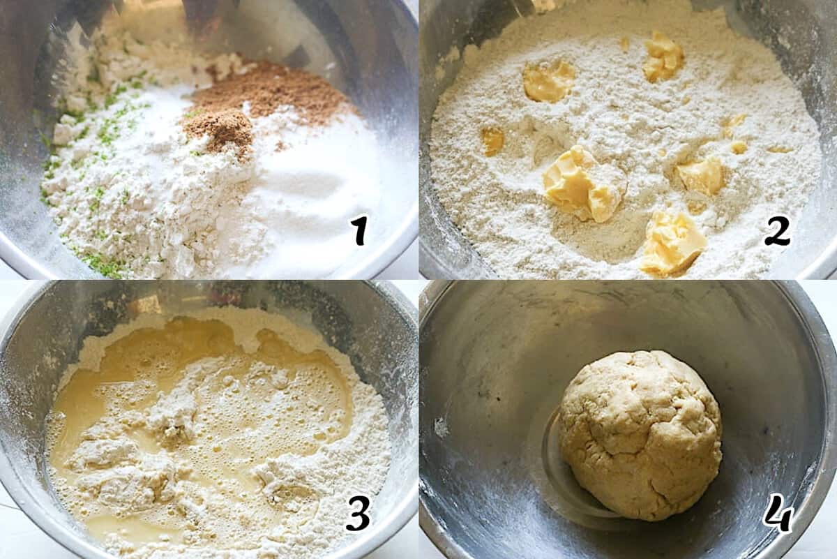 Mix dry ingredients, add butter, add liquid and knead