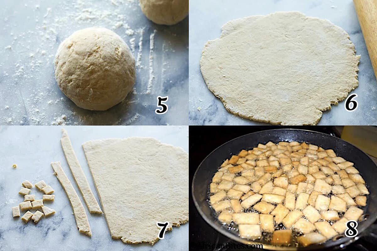 Divide dough, roll it out, cut out your snacks, and fry them