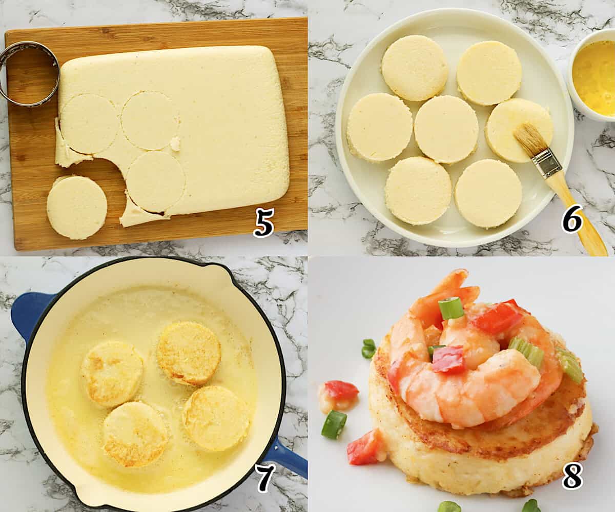 Slice the cooled grits into rings, fry and top with shrimp.