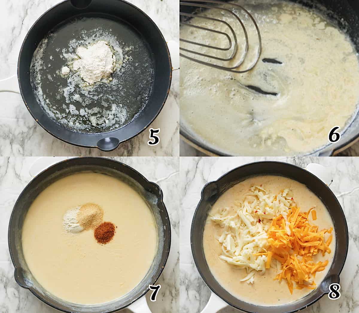 Make the roux, then make the béchamel sauce and add the cheeses