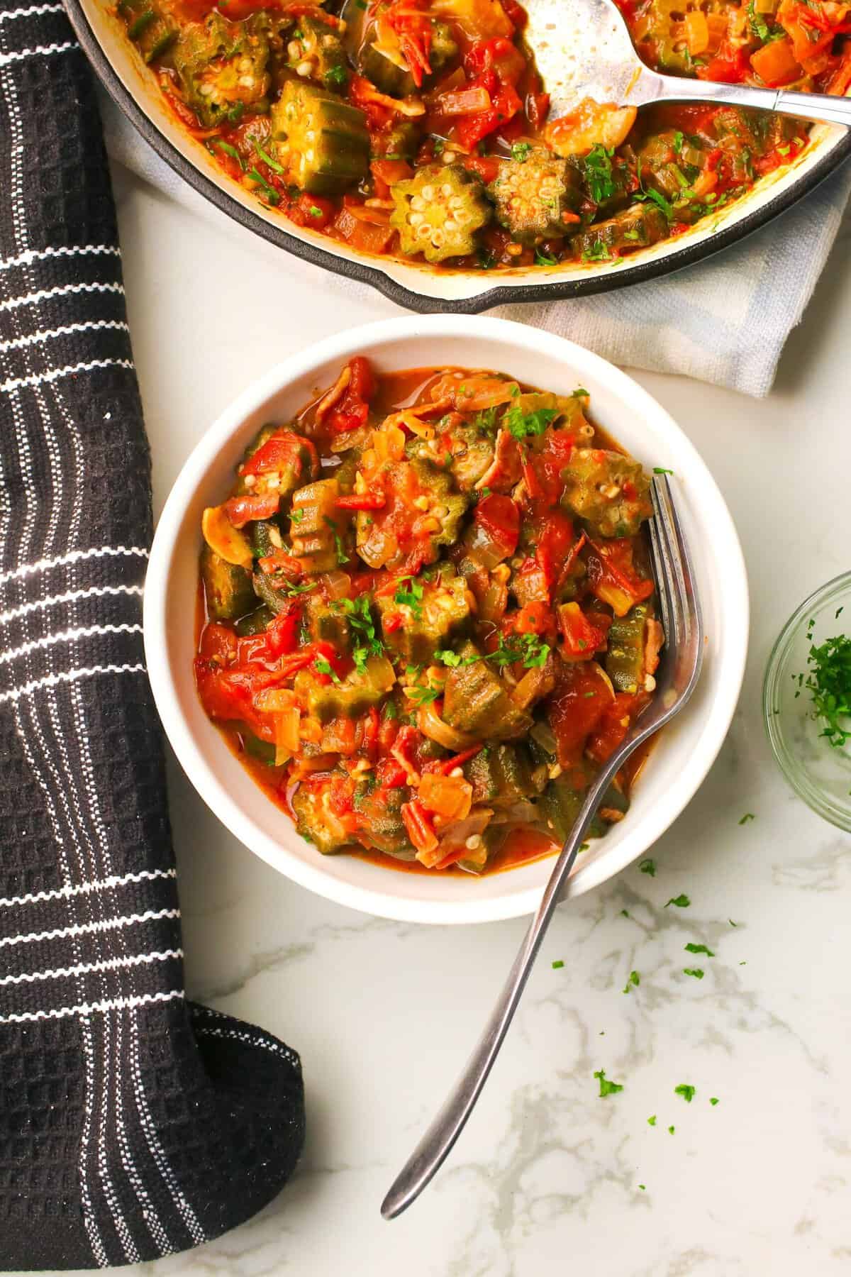 Serving up an amazingly comforting bowl of okra and tomatoes