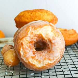 Freshly glazed old fashioned cake doughnuts