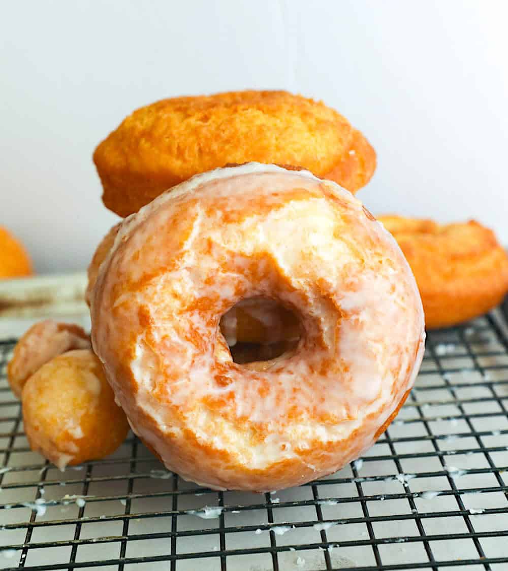 Freshly glazed old fashioned cake doughnuts