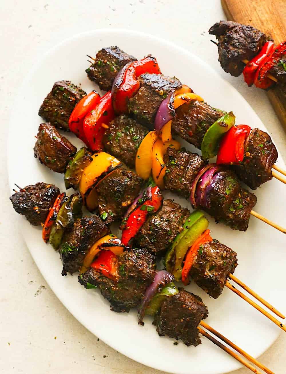 Steak kabobs hot of the grill and ready to enjoy