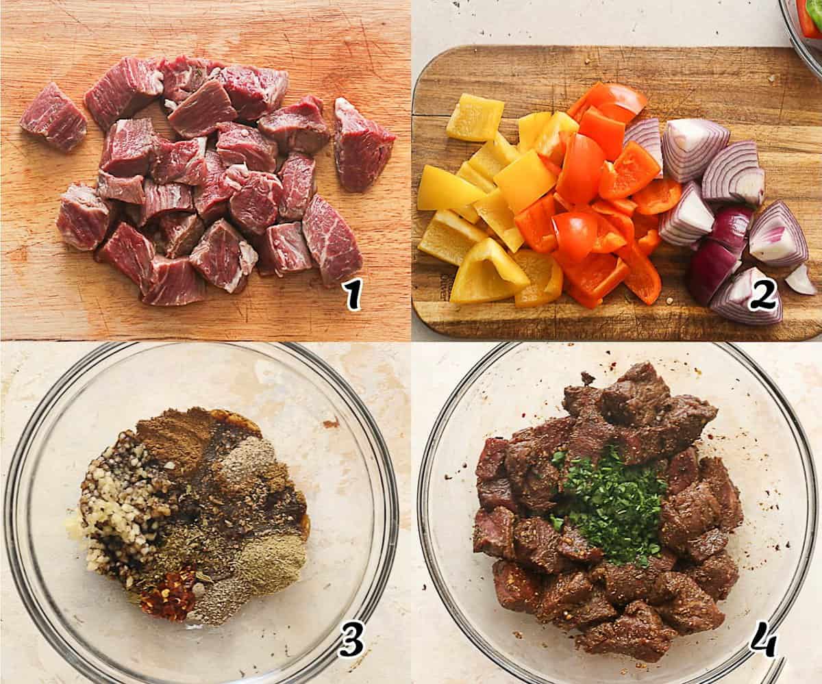 Cube the beef, chop the veggiges, make the marinade, and marinate the beef