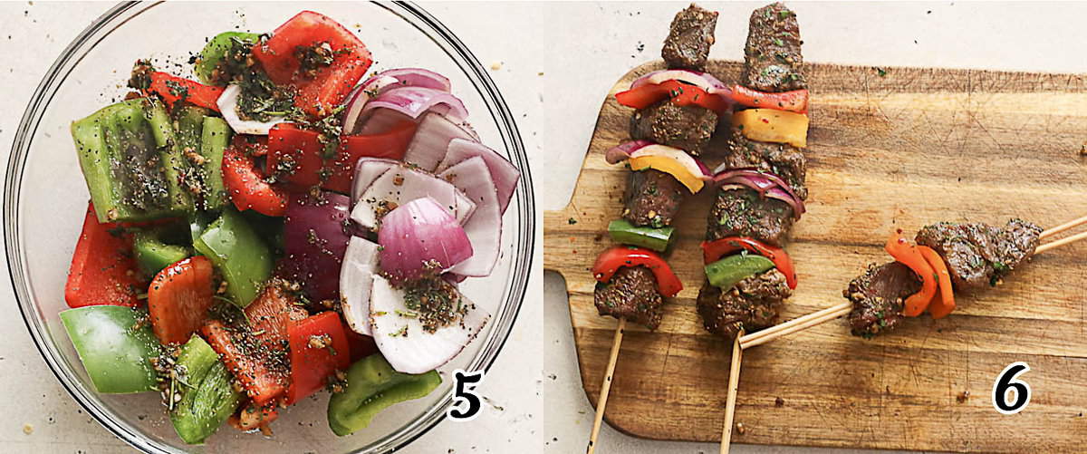 Marinate the veggies and thread the skewers with the beef and veggies