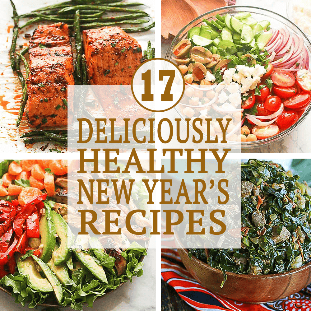 Broiled salmon, salads, and greens for healthy New Year's recipes