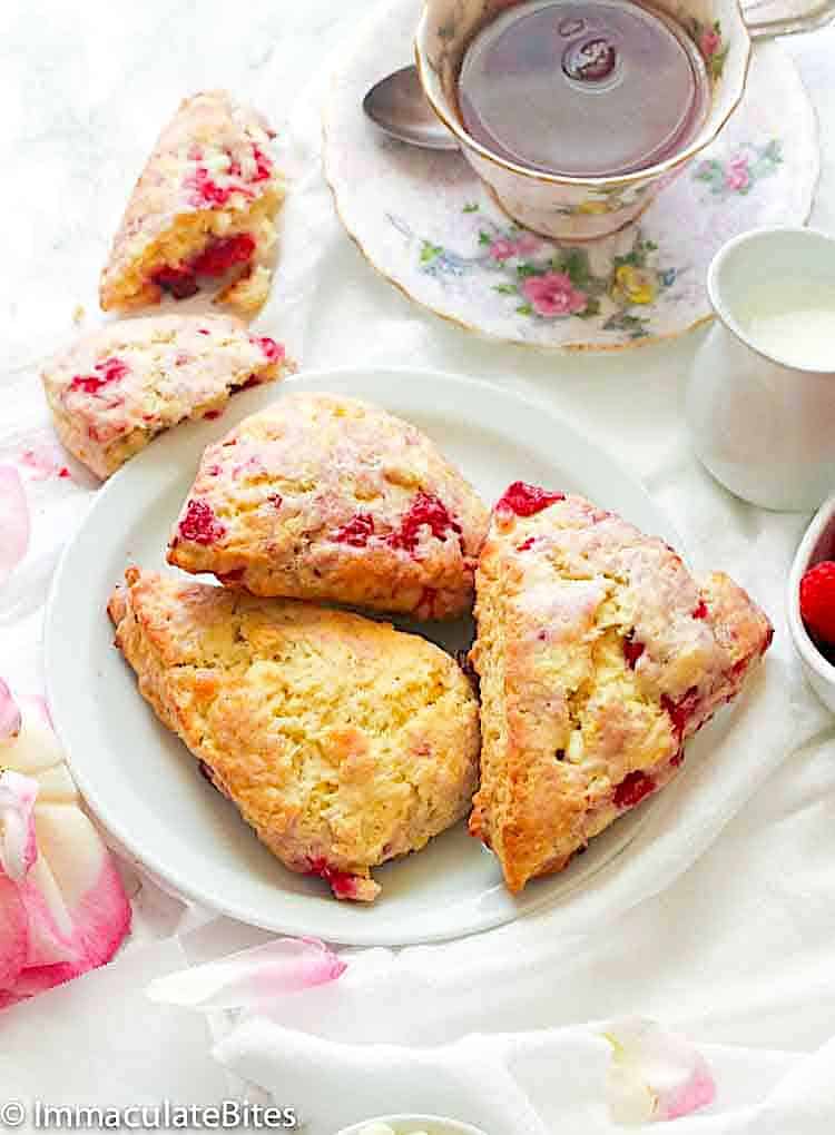 Serving up a plateful of raspberry white chocolate scones for an afternoon tea