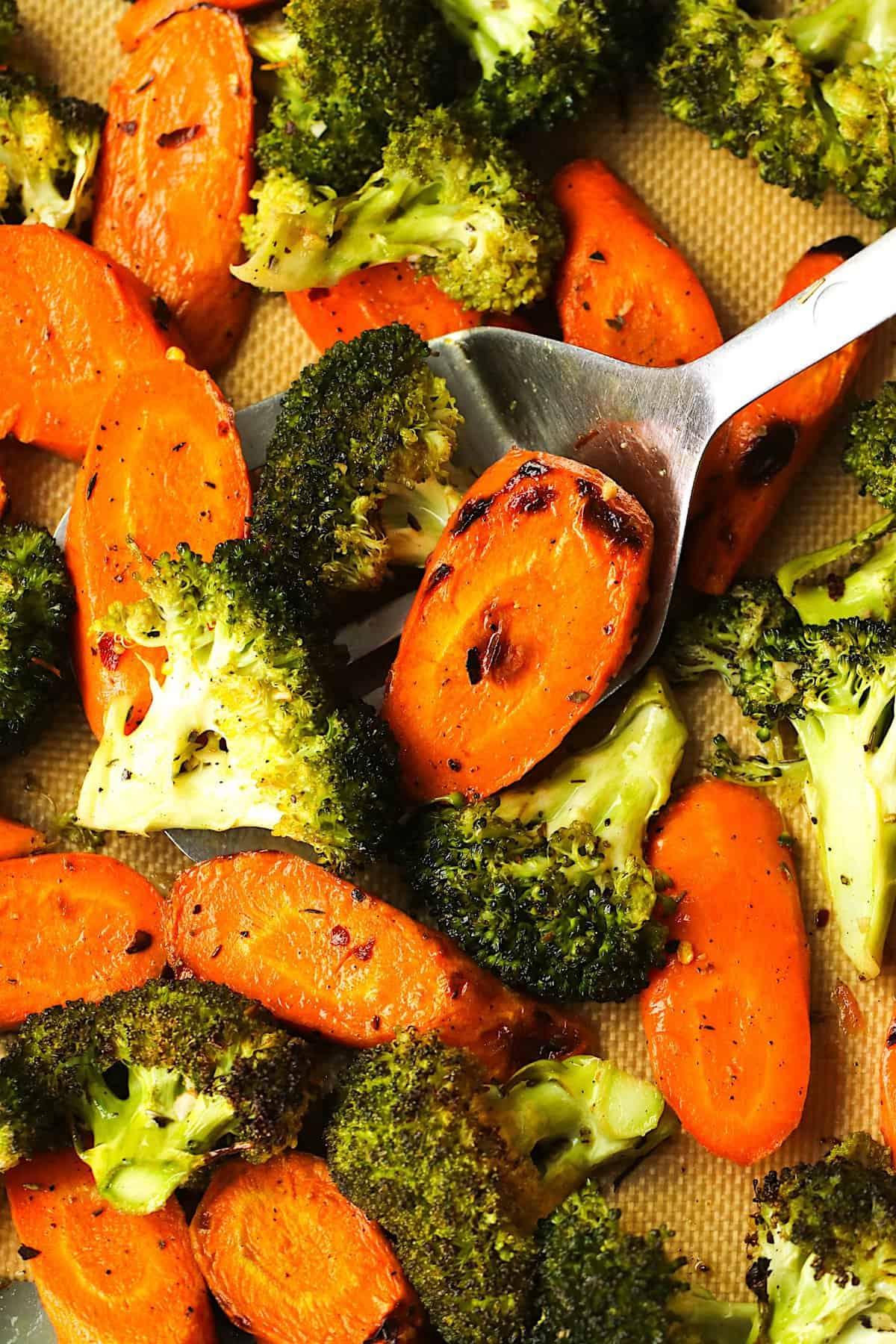 The finished product, savory roasted broccoli and carrots